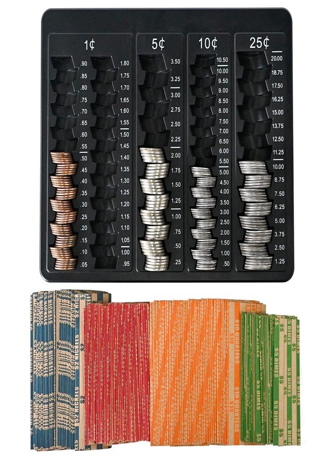 L LIKED 1PCS Black Coin Counter Tray -Change Counter Coin Counting and Sorting Tray with 150 Assort Coin Wrappers Included-5 Compartments Slots for Organization Pennies, Nickels, Dimes, and Quarters - Image 1