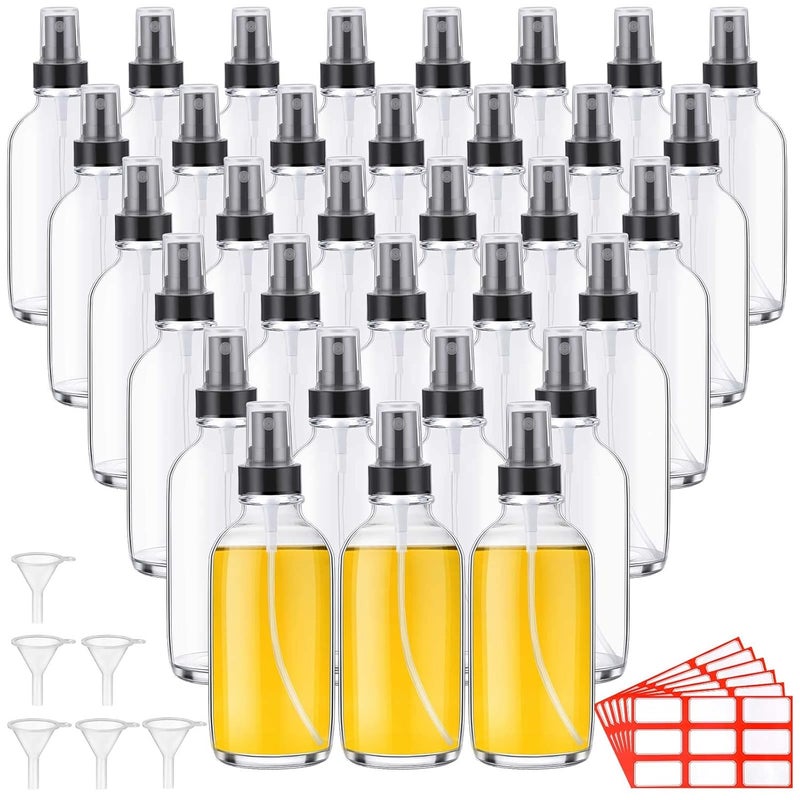 Fumete Fumete 36 Pcs Glass Spray Bottles 4oz Fine Mist Glass Spray Bottle Refillable Liquid Containers with 6 Labels 6 Funnel for Hair Travel Plants Cleaning Solutions Skin Care(Clear,Classic) 