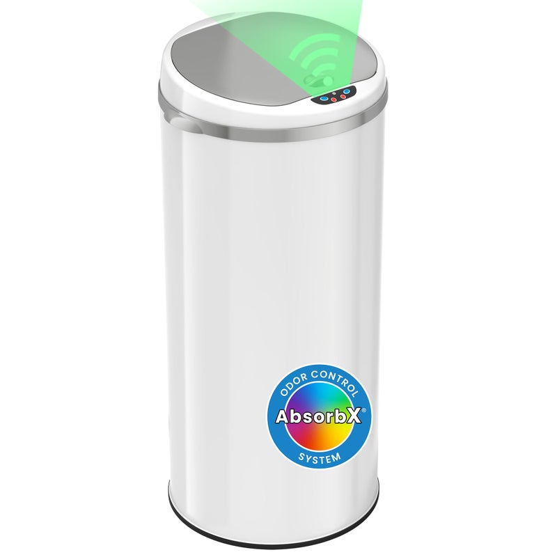 iTouchless 50 Liter / 13 Gallon Sensor Kitchen Trash Can with Odor Filter â€“ Slim Round White Stainless Steel Automatic Garbage Recycling Bin for Home, Office, Business, Garage - Image 1