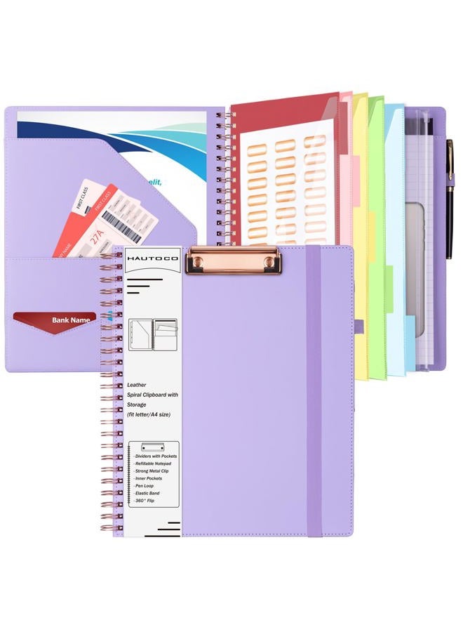 Hautoco Clipboard Folder with Storage Zip Bag, Spiral Clipboard Folio with Refillable Lined Notepad, 5 Folders Dividers with 10 Pockets, Leather Clip Board Portfolio for Office School, Lavender - Image 1