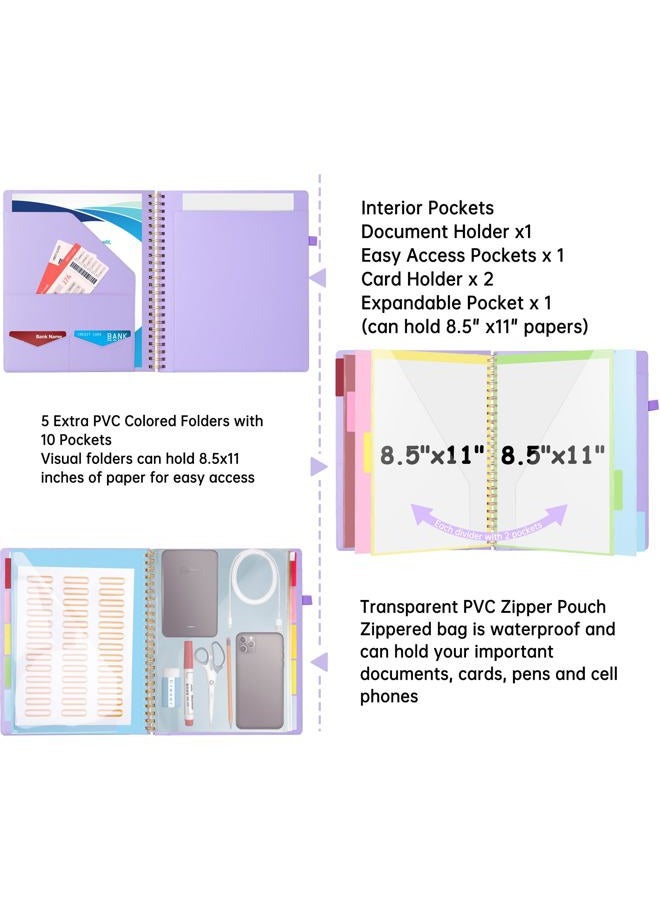 Hautoco Clipboard Folder with Storage Zip Bag, Spiral Clipboard Folio with Refillable Lined Notepad, 5 Folders Dividers with 10 Pockets, Leather Clip Board Portfolio for Office School, Lavender - Image 4
