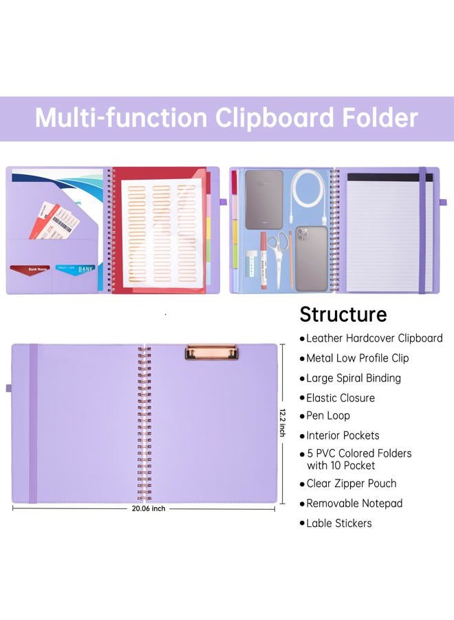 Hautoco Clipboard Folder with Storage Zip Bag, Spiral Clipboard Folio with Refillable Lined Notepad, 5 Folders Dividers with 10 Pockets, Leather Clip Board Portfolio for Office School, Lavender - Image 2