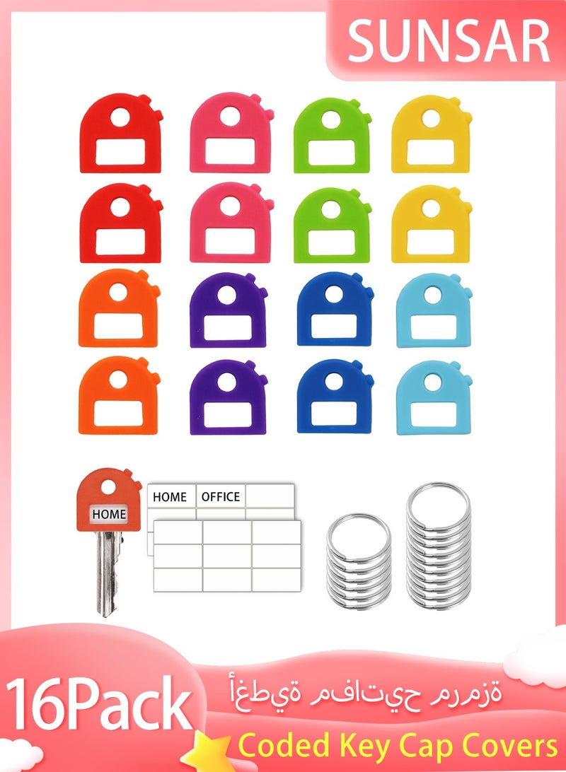 SUNSAR 16 PCS Coded Key Cap Covers + Free 16 Key-Chain & Writable 16 ID Tags – Stretchy Rubbery Fit for Most Keys (8 Colors) - Image 1