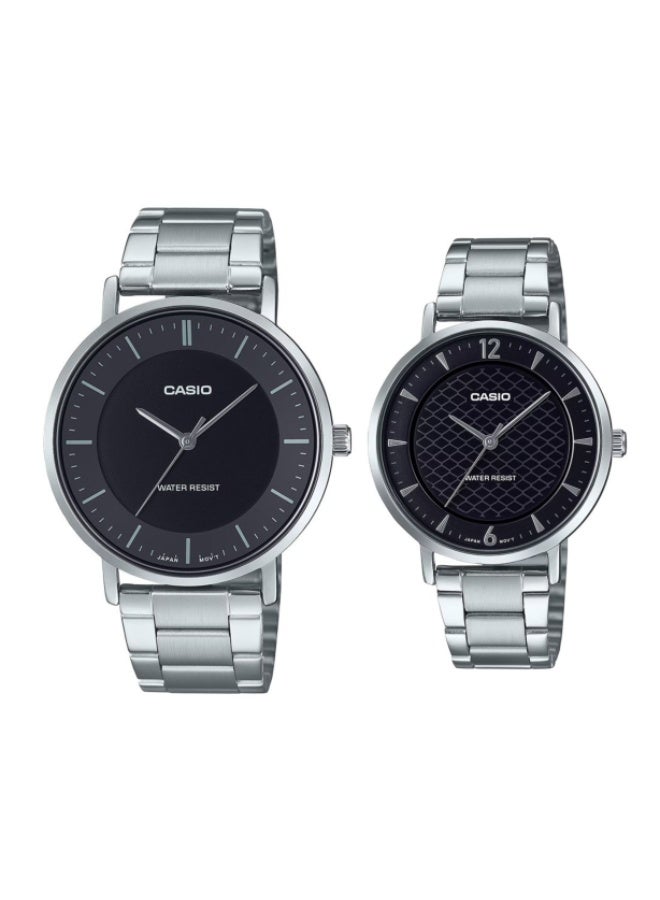 CASIO Stainless Steel Analog Concave Shaped Dial Couple Watch Set MTP-VT03D-1B + LTP-VT03D-1B - Image 1