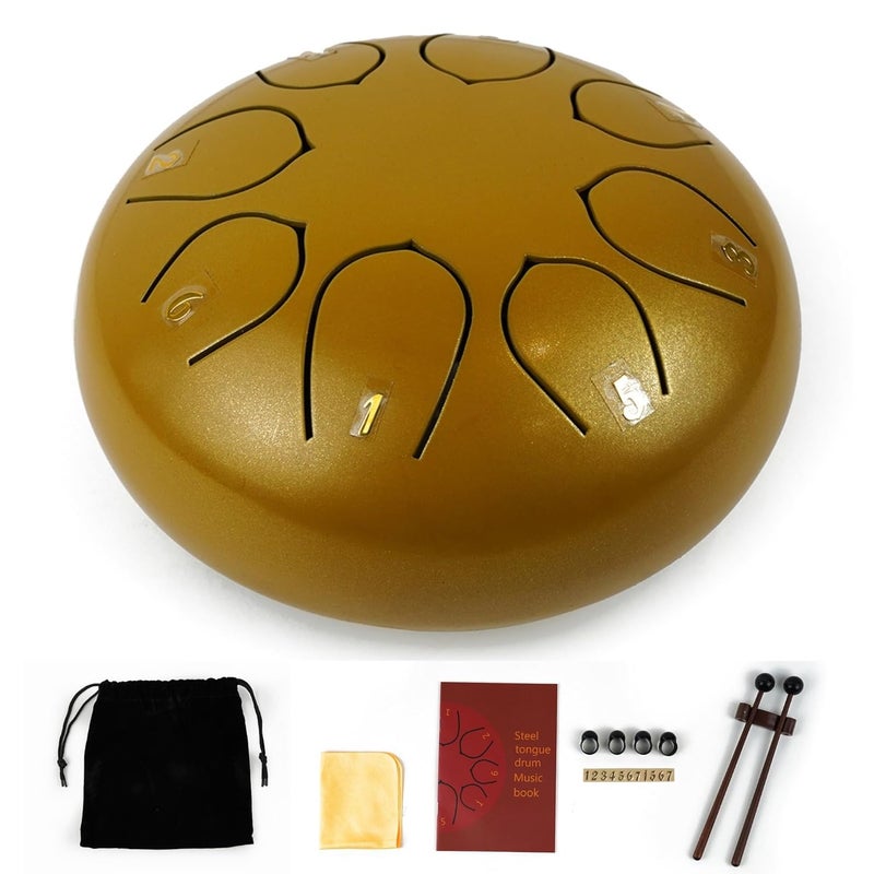 Regis 8 Notes 6 Inch Gold Alloy Steel Tongue Drum – Handpan Percussion Drum for Kids & Adults, Meditation, Yoga, Music Therapy – Includes Mallets, Finger Picks & Travel Bag – Gold - Image 1
