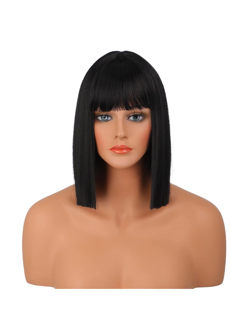 Wiginway Wiginway Short Bob Wig for Womem 12 Short Black Wigs with Bangs Natural Looking Soft Synthetic Straight Wigs for Party Cosplay Halloween 