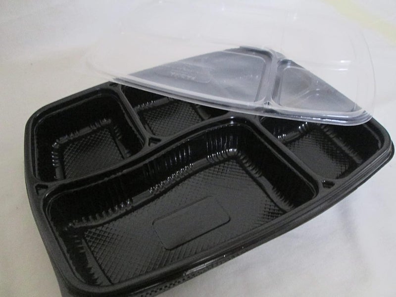 SHOP  SHOPPEE SHOP & SHOPPEE Unbreakable Meal Plate with Lid & 5 Compartment, Leak-Resistant, BPA Free,Food Grade Dinner Plate for Food Delivery/Party/Packaging(100 Plates with lids, Microwave Safe, Black) - Image 4