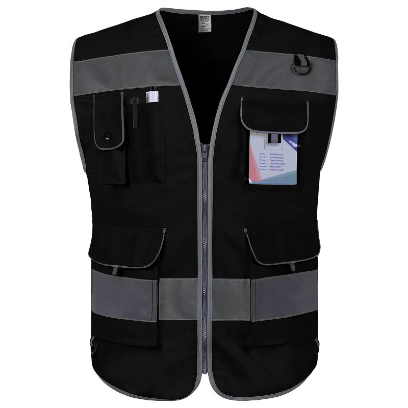 TCCFCCT Black Safety Vest for Men Women 9 Pockets High Visibility Reflective Vest for Safety Work Vest with Reflective Strips Meets ANSIISEA Standards Large