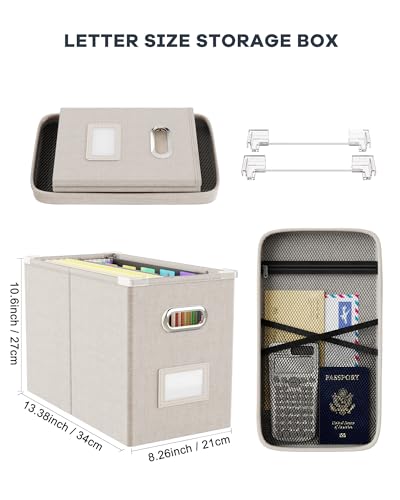 Oterri File Organizer Box with Lid Hanging Filing File Box with Mesh Pocket Document Organizer Box for Letter Files Portable Storage Box with Smooth Sliding Rail for OfficeHome 1 PCS Beige - Image 3