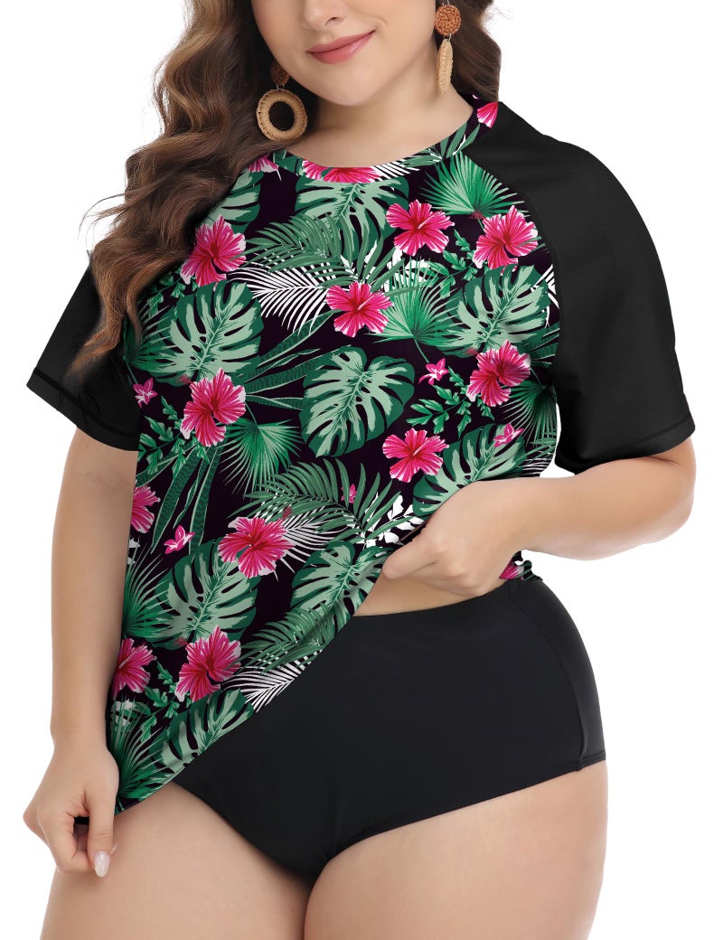 FOREYOND Plus Size Rash Guard Shirt for Women Short Sleeve UPF 50 Sun Protection Swimwear Swim Suits Top Green Leaves Pink Floral 3XL