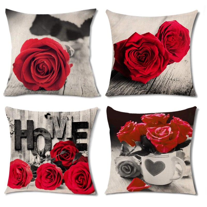 YOOOAHU Red Rose Pillow Covers Retro Gray Black Floral Throw Pillow Cover for Outdoor Patio Furniture Home Decor 18x18 Set of 4 Farmhouse Cotton Linen Square Flower Cushion Case Couch Sofa Bedroom Decoration
