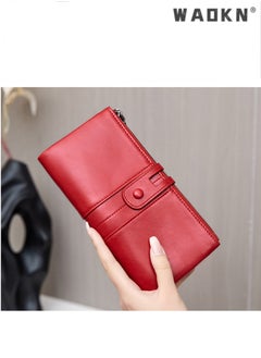 WAOKN Fashionable RFID Anti-theft Women's Long Wallet, Crafted from Oil Wax Leather with Double Zippers Design, Exuding Elegant Style(Red)  - Image 1