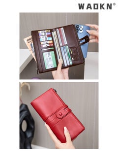 WAOKN Fashionable RFID Anti-theft Women's Long Wallet, Crafted from Oil Wax Leather with Double Zippers Design, Exuding Elegant Style(Red)  - Image 4