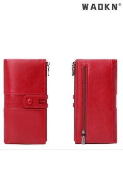 WAOKN Fashionable RFID Anti-theft Women's Long Wallet, Crafted from Oil Wax Leather with Double Zippers Design, Exuding Elegant Style(Red)  - Image 3