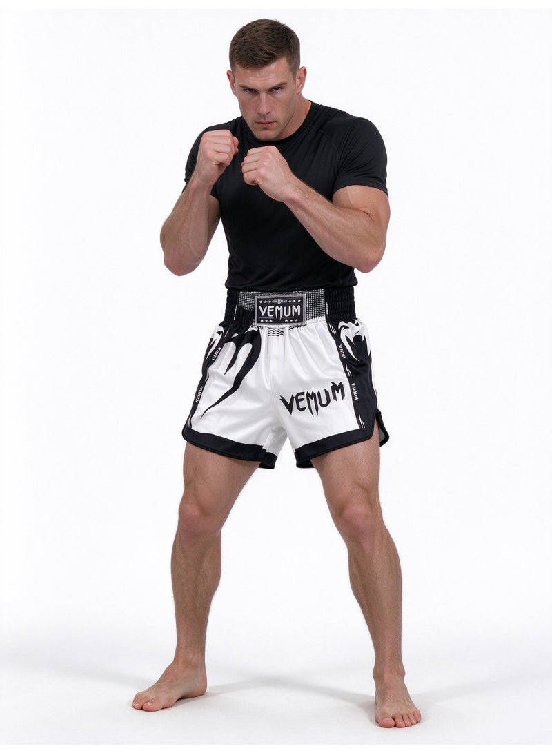 فينوم Venum Elite boxing shorts. أسود وأبيض أسلوب المنافسة. عالية التمدد والقدرة على التنفس، متوافقة مع حراس الفخذ. خياطة معززة حجم: 175 XL - Image 1