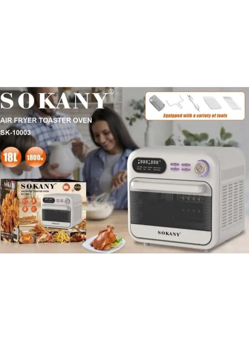 Sokany Digital Fryer + 18L Oven 1800W, Sokany Air Fryer technology enables you to fry with hot air to prepare food that is crispy on the outside and tender on the inside. It requires little or no oil to ensure the perfect texture and delicious results and get great-tasting fries with up to 80% less fat. Thanks to Sokany Air Fryer technology, you will get perfect results and healthy frying. Sokany's unique air fryer technology allows you to fry, bake, grill and taste delicious snacks and meals that contain less fat than a traditional fryer, with little or no oil. The Sokany air fryer also emits a lighter smell than a traditional fryer, it is economical, easy to clean and safe for daily use. Thanks to the innovative air fryer, you will be able to fry, grill, roast and even bake. It is great for frying and features Sokany's hot air technology to grill, bake and even roast your favorite dishes and get a comprehensive solution for all your meals, model SK-10003 - Image 1