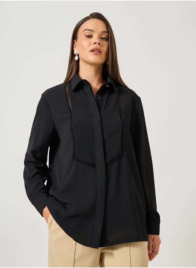 ستايلي Solid Oversized Spread Collar Shirt with Lace Detail