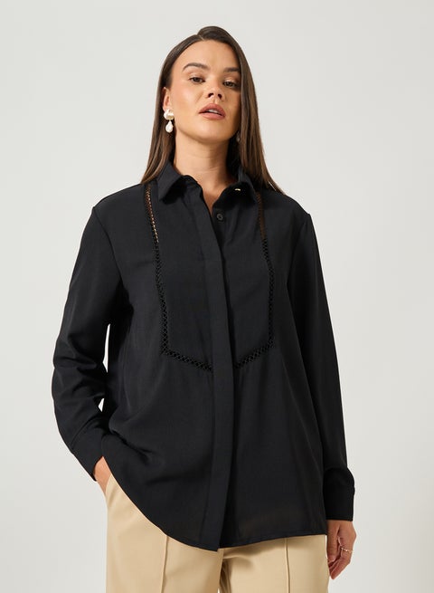 Solid Oversized Spread Collar Shirt with Lace Detail