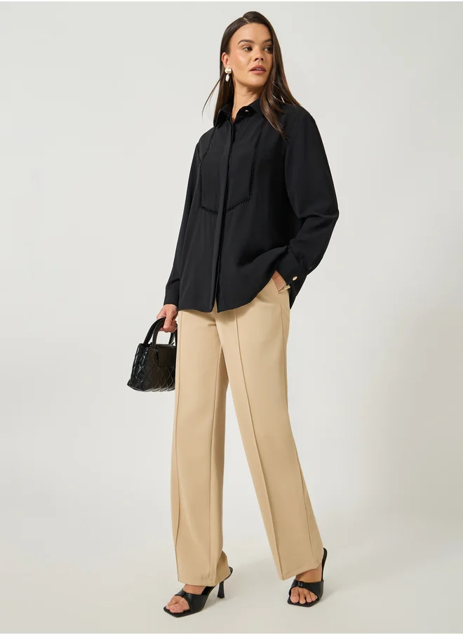 ستايلي Solid Oversized Spread Collar Shirt with Lace Detail
