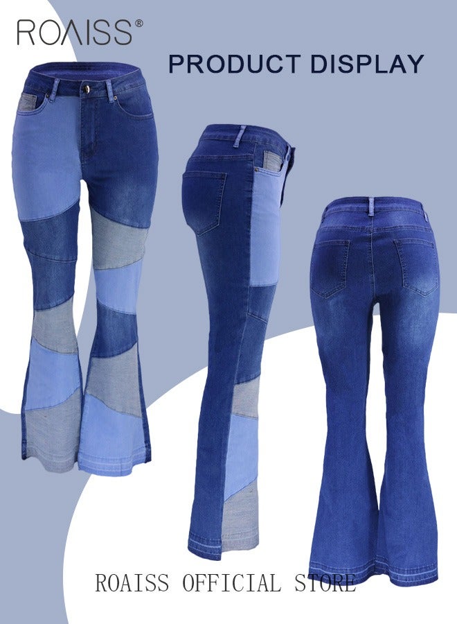 roaiss Plus Size Women Denim Pants Patchwork Fabric Wide Leg Flared Trousers Leg Flattering Design Fashionable and Versatile Suitable for School and Commuting - Image 5