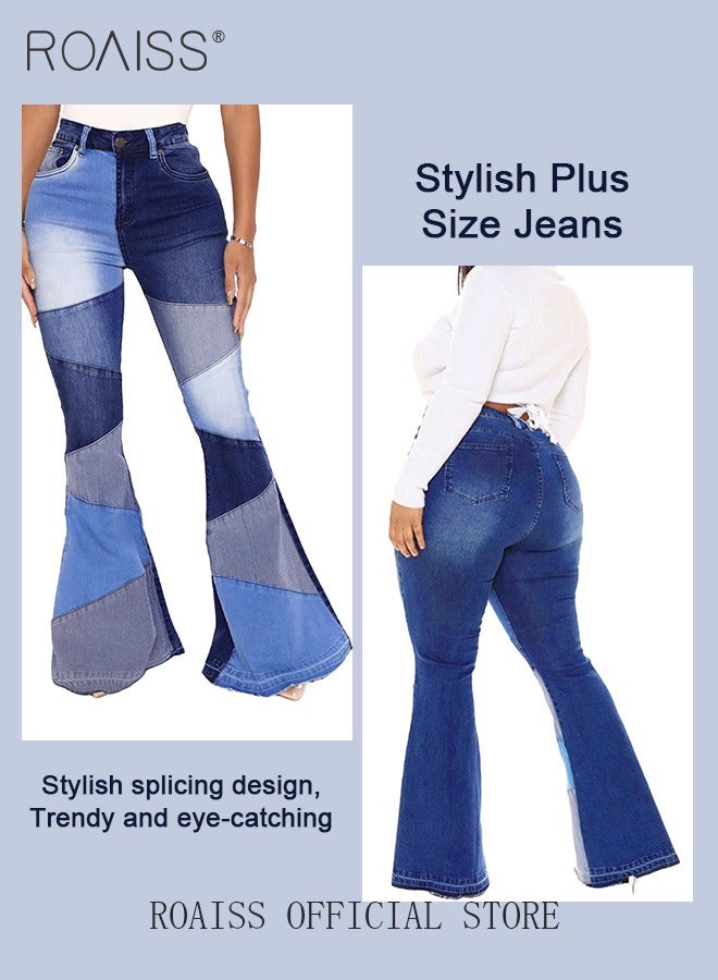 roaiss Plus Size Women Denim Pants Patchwork Fabric Wide Leg Flared Trousers Leg Flattering Design Fashionable and Versatile Suitable for School and Commuting - Image 3