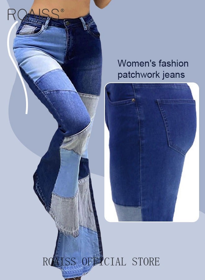 roaiss Plus Size Women Denim Pants Patchwork Fabric Wide Leg Flared Trousers Leg Flattering Design Fashionable and Versatile Suitable for School and Commuting - Image 2