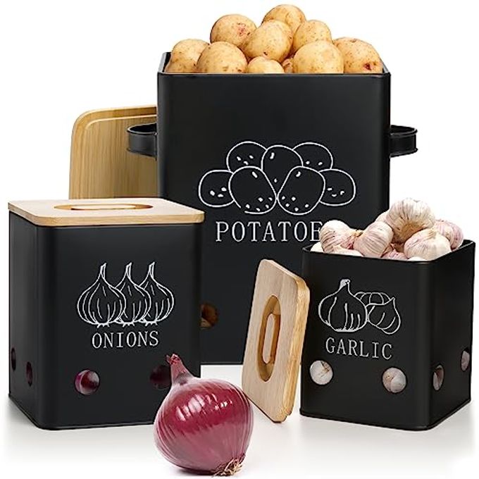 3 PACK VEGETABLE STORAGE TINS POTATO ONION GARLIC STORAGE CANISTER BLACK METAL VEGETABLE FRESH KEEPER CADDY KITCHEN PANTRY ORGANIZER JARS WITH BAMBOO LID AND AERATING HOLES