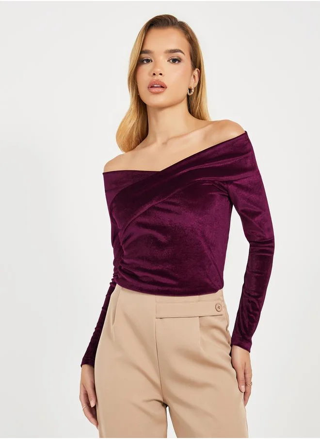 Styli Off Shoulder Neck Velvet Knit Top