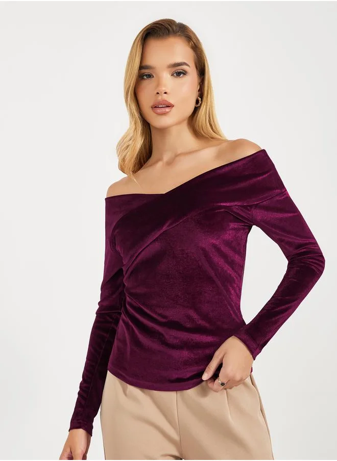 Styli Off Shoulder Neck Velvet Knit Top