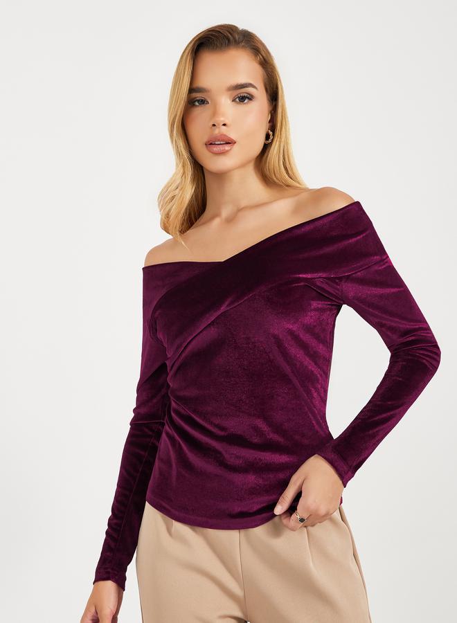 Styli Off Shoulder Neck Velvet Knit Top  - Image 1