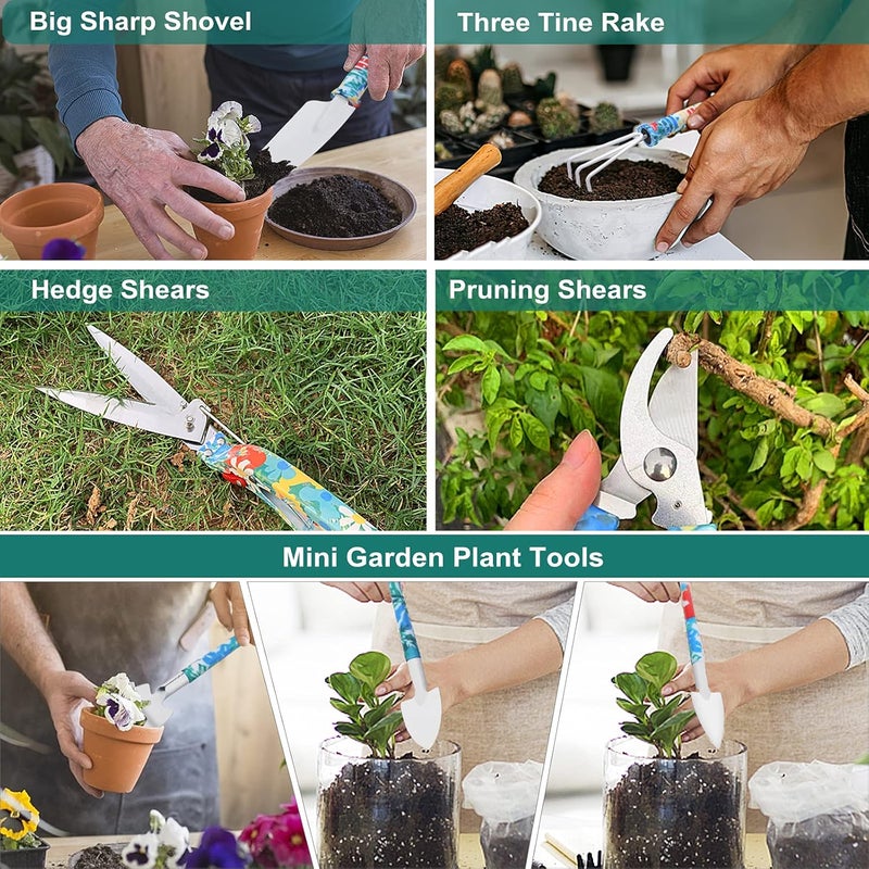 Tbltaca Garden Tool Set, Stainless Steel Heavy Duty Gardening Tools 30 PCS w/Floral Print, Trowel Rake Weeder Pruner Shears Sprayer Digging Claw Gloves, Ideal Gardening Set for Women - Image 3