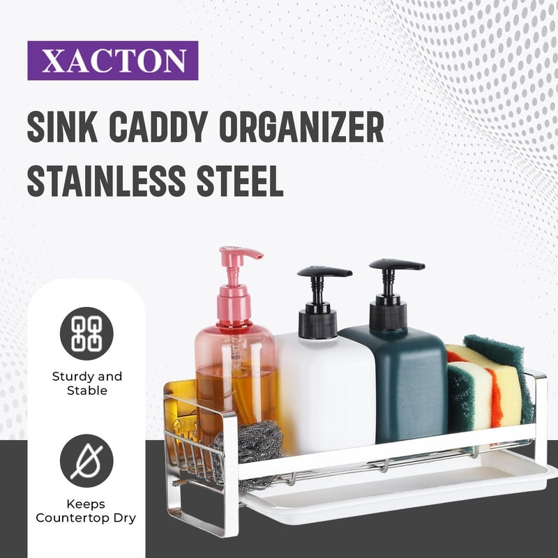 Xacton Stainless Steel Sink Caddy Organizer with Removable Tray - 30x9.5x9.5 CM I Kitchen Sponge Holder I Countertop or Adhesive Wall Mounting Organiser for Bath Accessories – Silver - Image 3