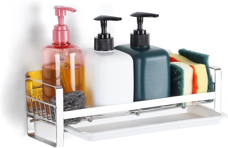 Xacton Stainless Steel Sink Caddy Organizer with Removable Tray - 30x9.5x9.5 CM I Kitchen Sponge Holder I Countertop or Adhesive Wall Mounting Organiser for Bath Accessories – Silver - Image 1