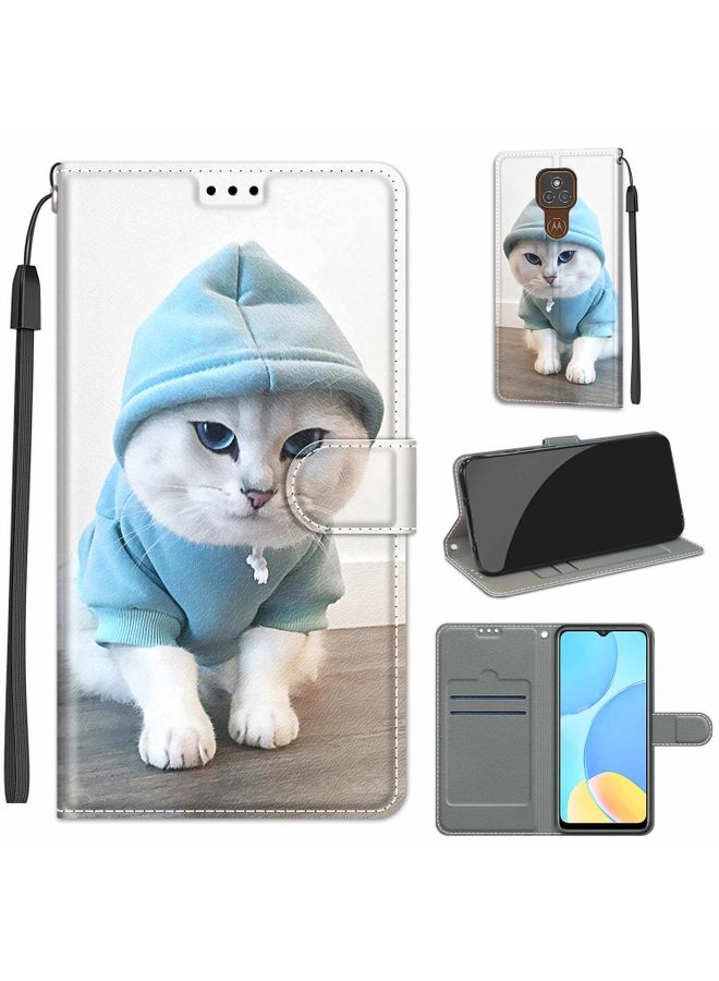 HuHa Case Cover For Motorola Moto E7 Plus/G9 Play/G9 Voltage Coloured Drawing Magnetic Clasp Horizontal Flip PU Leather Case with Holder & Card Slots(C15 Blue Sweater White Cat)