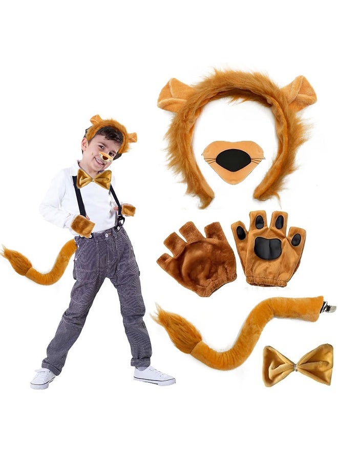 هالامودو 6 قطع من مجموعة زي الأسد للأطفال والكبار - أسد أذنين الشعر، الذيل، الأنف، Bowtie وقفازات لعيد الهالوين، حفلات كوسبلاي، أداء المسرح - مجموعة الملحقات اللباس الحيوانية - Image 1