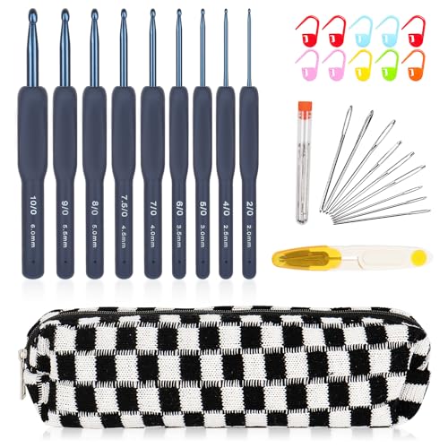 Aeelike 31pcs Crochet Hook Set, Classic Navy Crochet Needles Ergonomic with Grips for Arthritic Hands, Crocheting Kit with Knitting Supplies & Black White Case, Ideal Gift for Hand Beginner Lover - Image 1