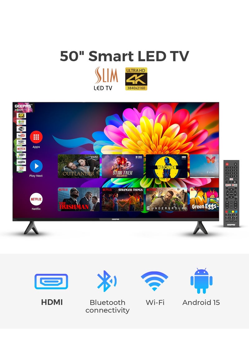 جيباس تلفزيون ذكي عالي الدقة LED بدون حواف مقاس 50 بوصة مع جهاز تحكم عن بعد، ومنافذ HDMI وUSB، ومقبس سماعة رأس، ومدخل صوت للكمبيوتر الشخصي، وWi-Fi، ونظام تشغيل Android 9.0 مع E-Share، ويوتيوب، ونتفليكس - Image 1