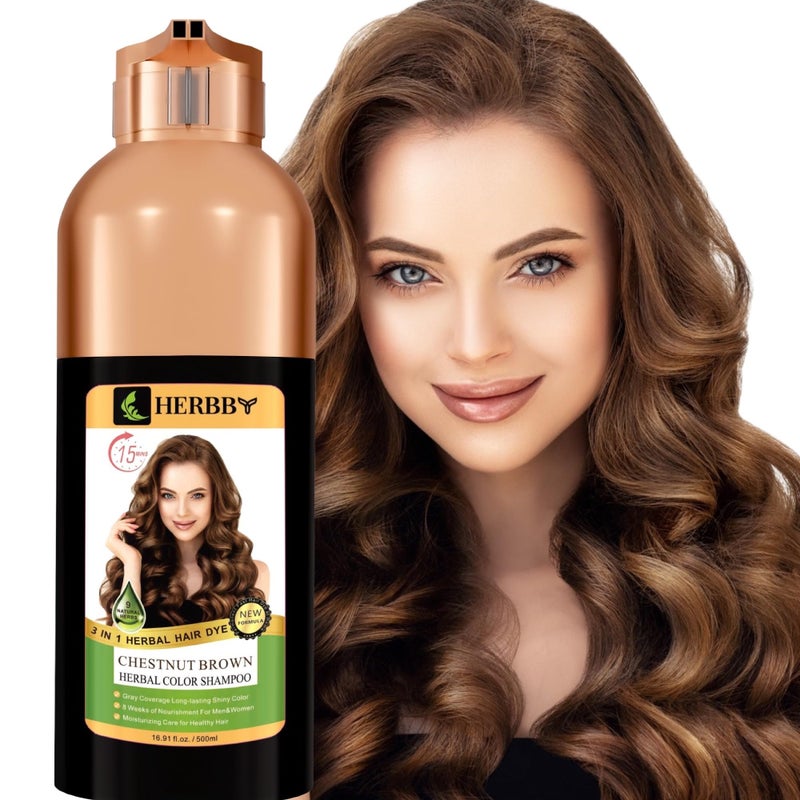 HERBBY Gray Hair Coverage Shampoo & Conditioner - Color Transform with 9 Herbal Extracts, Long-Lasting (6-8 Weeks), Shiny, Even Coloring, Instant Hair Dye, 500 ml (CHESTNUT BROWN) - Image 1