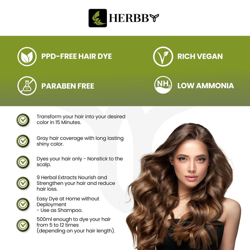 HERBBY Gray Hair Coverage Shampoo & Conditioner - Color Transform with 9 Herbal Extracts, Long-Lasting (6-8 Weeks), Shiny, Even Coloring, Instant Hair Dye, 500 ml (CHESTNUT BROWN) - Image 3