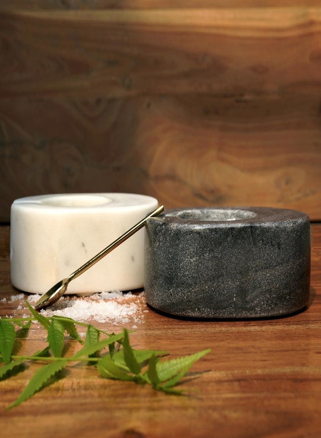Cruiser’s Cache Cruiser’s Caché Set of 2 Marble Salt and Spice Cellars with Gold Serving Spoons. 5" x 2", one Each White and Black. - Image 3