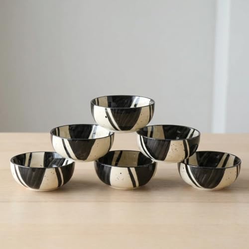 BLACKCARROT Ceramic Bowl Set of 6 | Microwave & Dishwasher Safe | Pattern : Black Splash | Ideal for Snacks, Soup, Rice, Dal, Curries, Sabji - Image 1