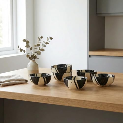 BLACKCARROT Ceramic Bowl Set of 6 | Microwave & Dishwasher Safe | Pattern : Black Splash | Ideal for Snacks, Soup, Rice, Dal, Curries, Sabji - Image 2