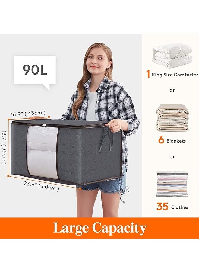 BOUND MOAT 4-Piece Foldable Blanket Storage Bags Large Capacity Clothes Storage Box for Organizing Bedroom, Closet, Clothing, Sweater Organization Storage Containers with Lids and Handle, Clear Window 60×43×35cm(Grey)  - Image 2