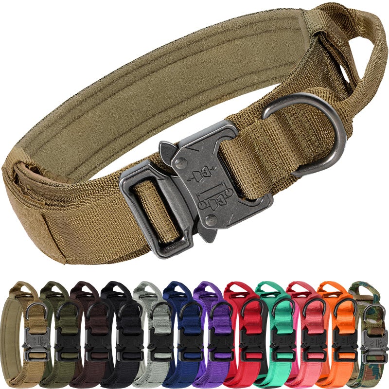 Joytale Tactical Dog Collar with Handle, Heavy Duty Military Dog Collar with 2 Patches for Training, Adjustable Tactical Collars for Large Dogs, Khaki, L - Image 1