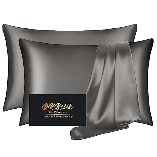 DKBslik Silk Pillowcase 2 Pack Natural Mulberry Silk Pillow Case Anti Acne Silk Pillowcase for Hair and Skin King Size Silk Satin Pillowcase Set of 2 with Hidden Zipper Gifts for Women Men Dark Gray - Image 1