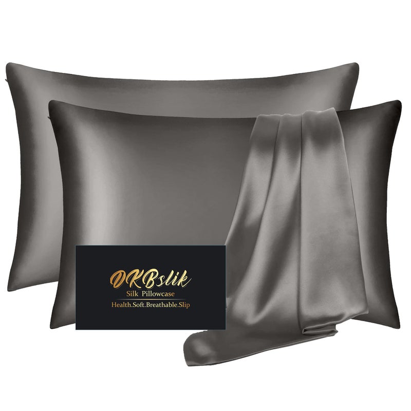 DKBslik Silk Pillowcase 2 Pack Natural Mulberry Silk Pillow Case Anti Acne Silk Pillowcase for Hair and Skin King Size Silk Satin Pillowcase Set of 2 with Hidden Zipper Gifts for Women Men Dark Gray - Image 2