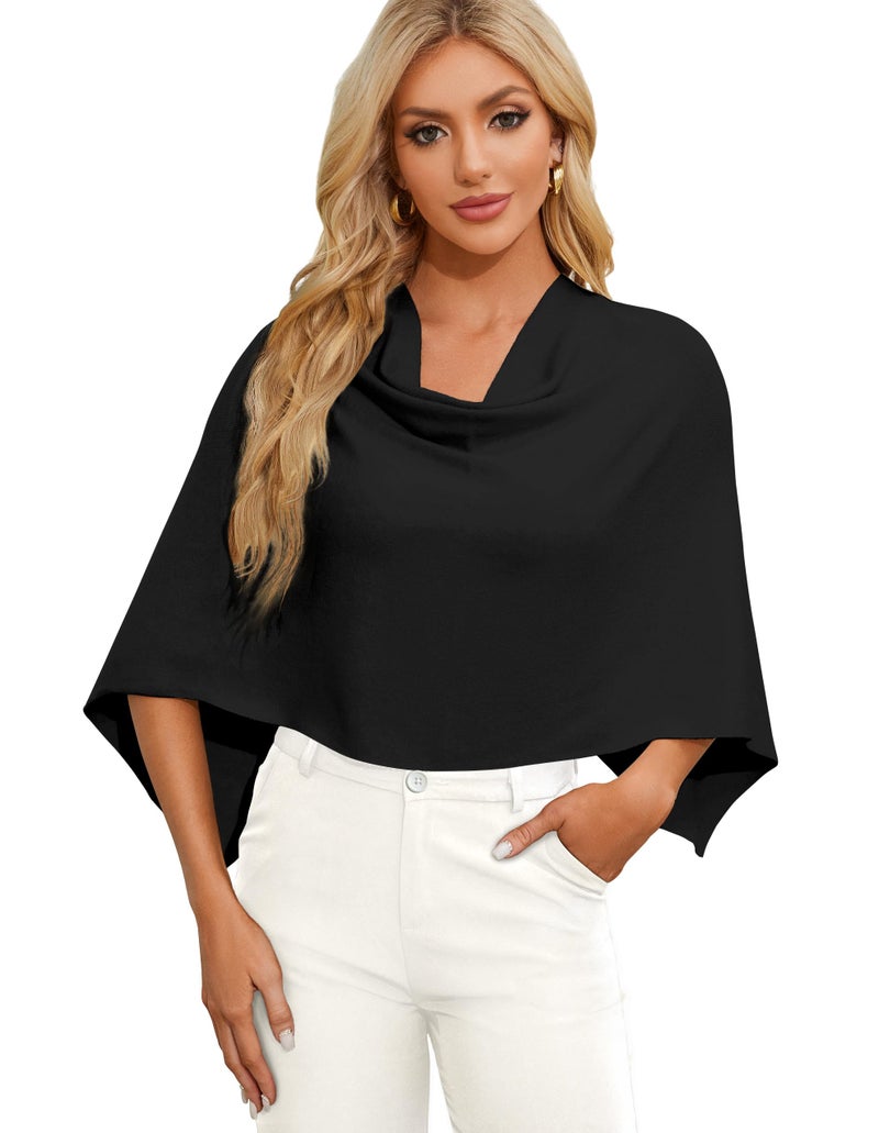 PULI Women Capri Poncho Sweater Petite Cropped Versatile Shawl Slender Frame Fit Soft Knit Wraps Cowl Neck Short Tops Black - Image 1