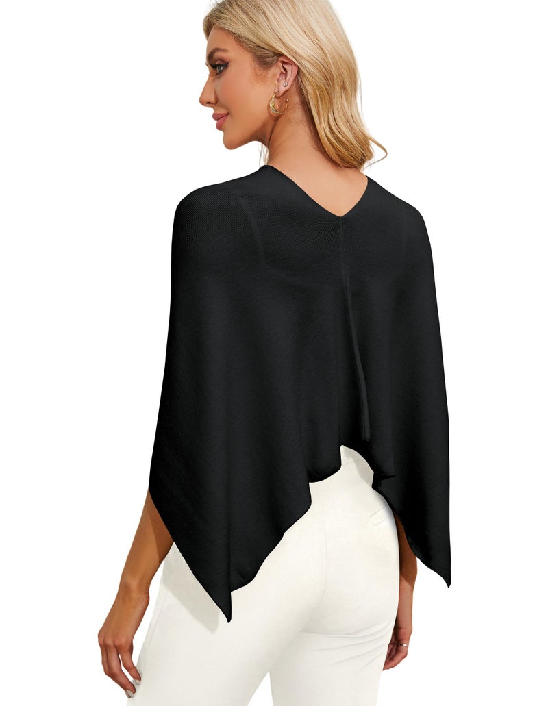 PULI Women Capri Poncho Sweater Petite Cropped Versatile Shawl Slender Frame Fit Soft Knit Wraps Cowl Neck Short Tops Black - Image 3