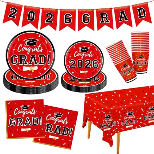 Labrostar Graduation Decorations 2026 Disposable Red Graduation Tableware Kit for 25 Guests Plates Napkins Cups Tablecloth Hanging Graduation Party Decorations 2026 - Image 1