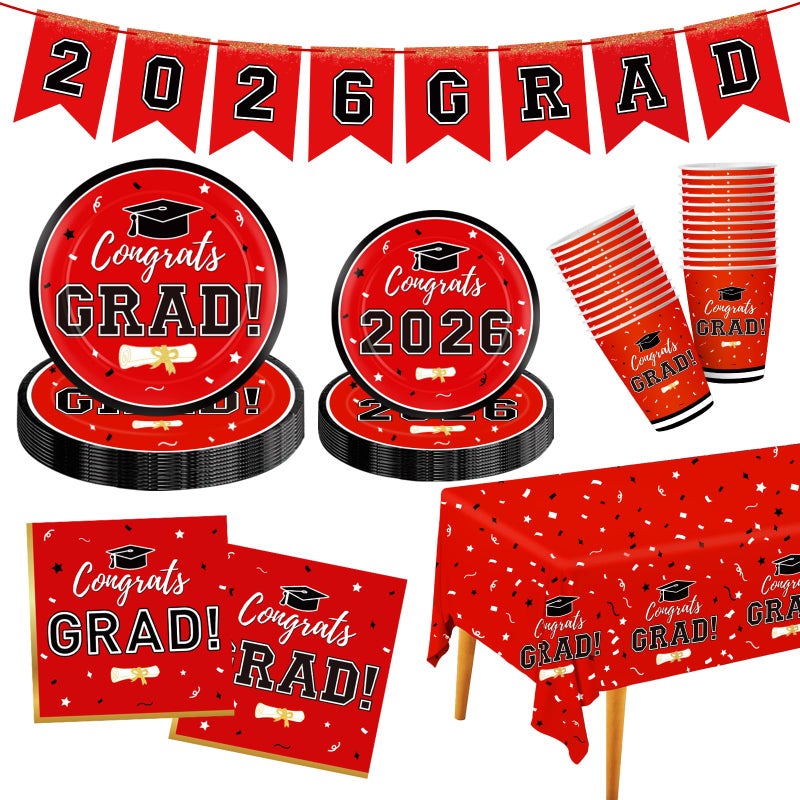 Labrostar Graduation Decorations 2026 Disposable Red Graduation Tableware Kit for 25 Guests Plates Napkins Cups Tablecloth Hanging Graduation Party Decorations 2026 - Image 2